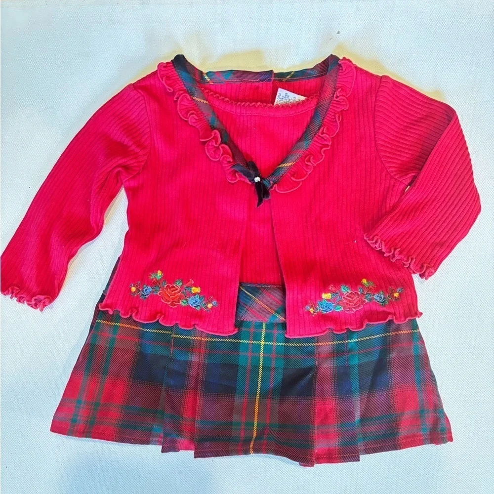 Youngland Girls 6-9M Dress Red Velvet Plaid Pleated Skirt